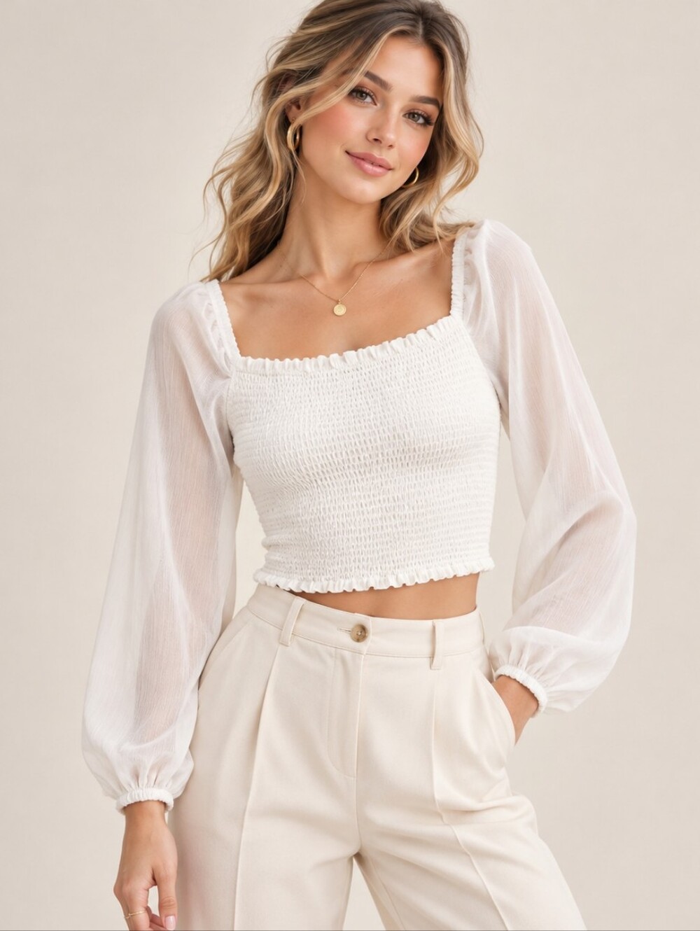 Abercrombie & Fitch White Smocked Square-Neck Sheer Sleeve Crop Top